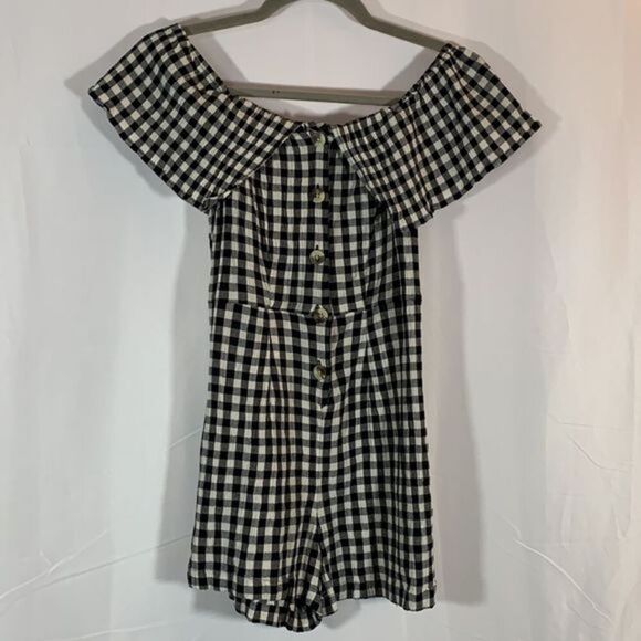 Topshop Black & White Button-Down Checkered Romper - Picture 1 of 7